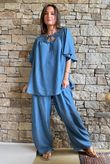 Washed Chambray Shirring Peasant Blouse Mid